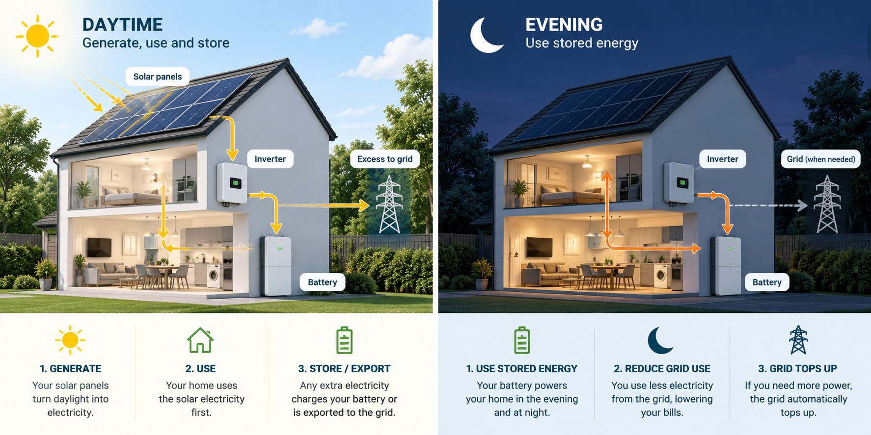 Day versus evening with a battery: during the day solar panels generate electricity, the home uses it first, and extra charges the battery or is exported to the grid; in the evening the stored battery power runs the home, with the grid topping up when needed.