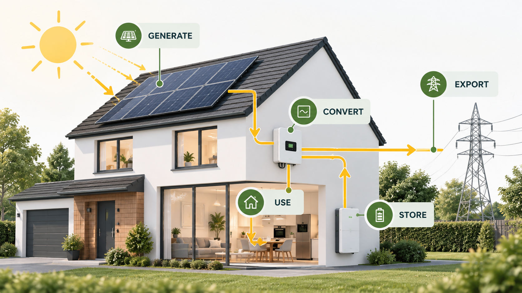 How solar powers a home: sunlight generates electricity through roof panels, an inverter converts it for use in the home, a battery stores extra power, and surplus electricity is exported to the grid.