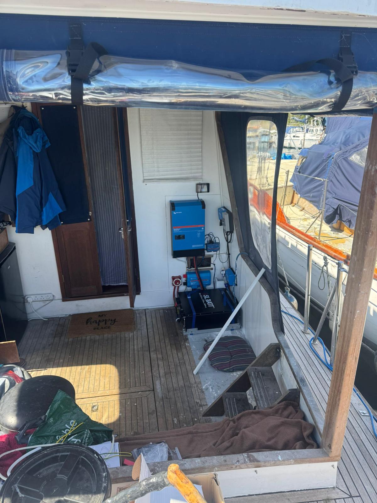 Off-grid inverter and battery equipment installed aboard a boat